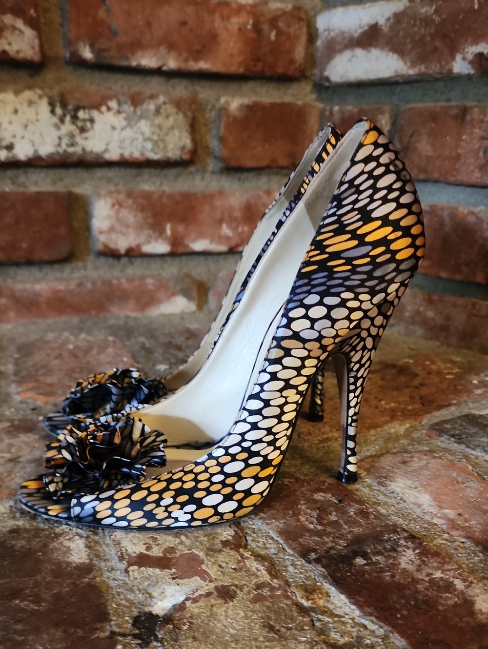 Brian Atwood Printed Rosette Peep Toe Stiletto Heels EU 36.5